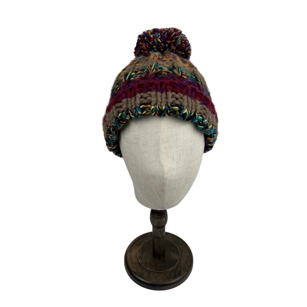 Andes Gifts Alpaca Blend Knit Beanie Pom Pom Hat Multi Color Striped Peru